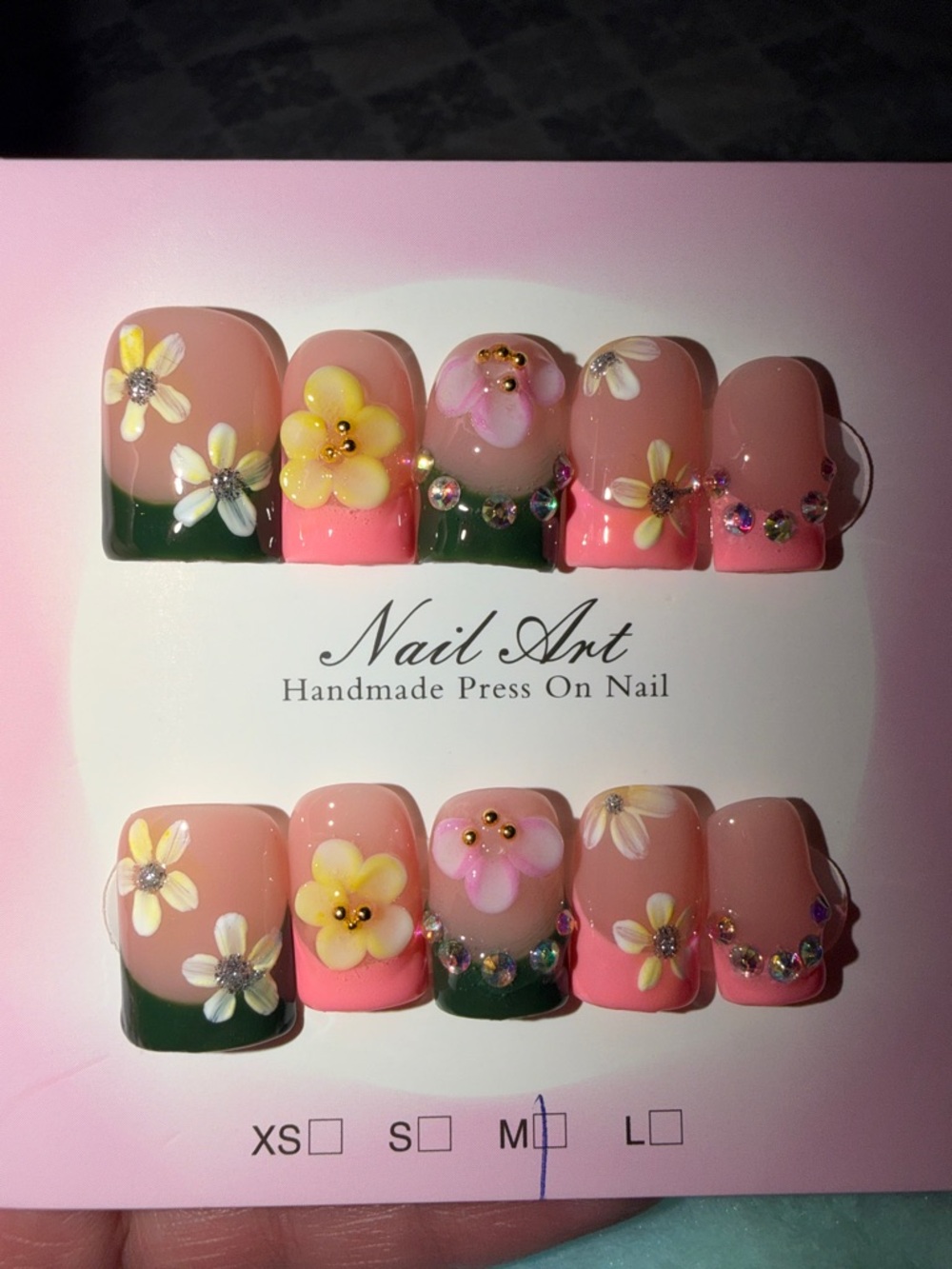 Handmade Floral Press-On Nails in Pink, Yellow & Green